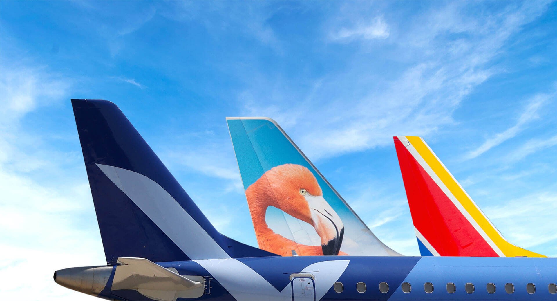 Airplanes lined up at airport with blue sky in the background