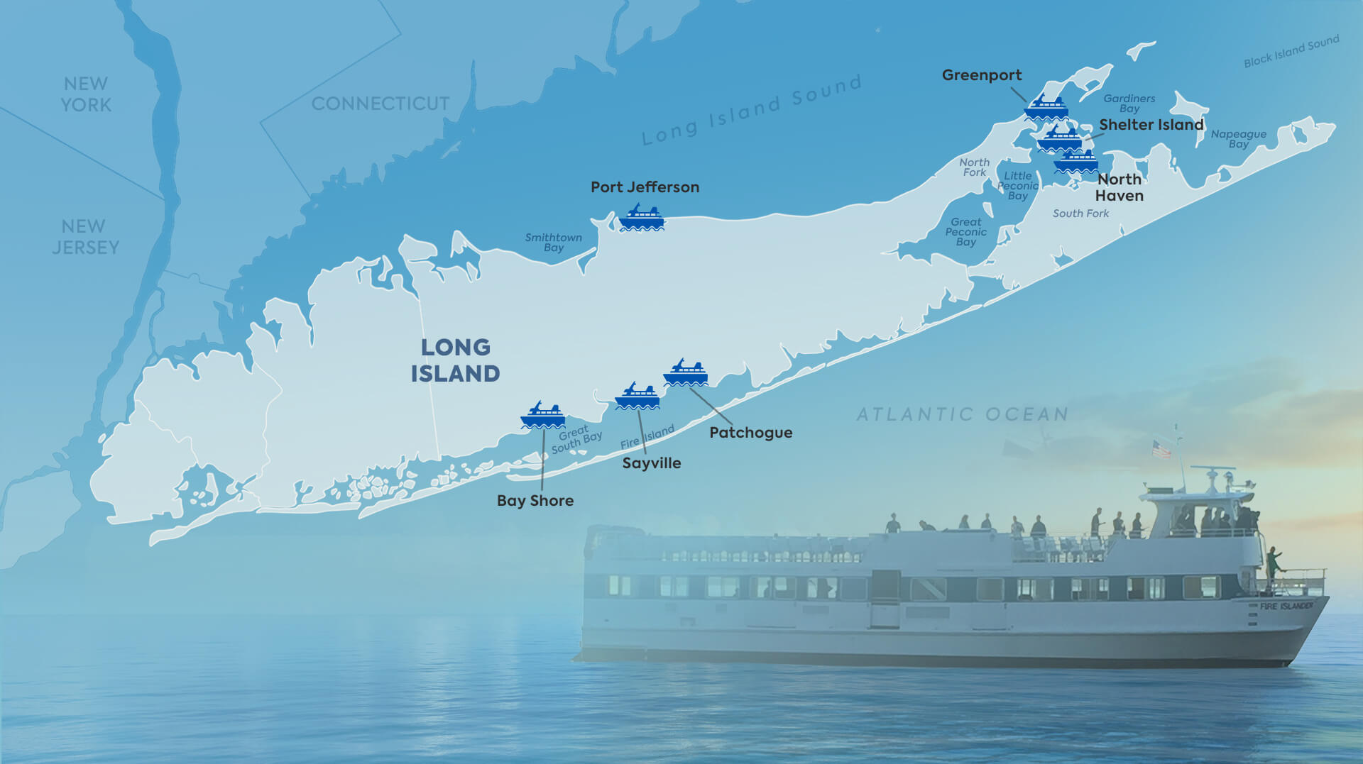 Map showing ferry ports in Long Island, New York