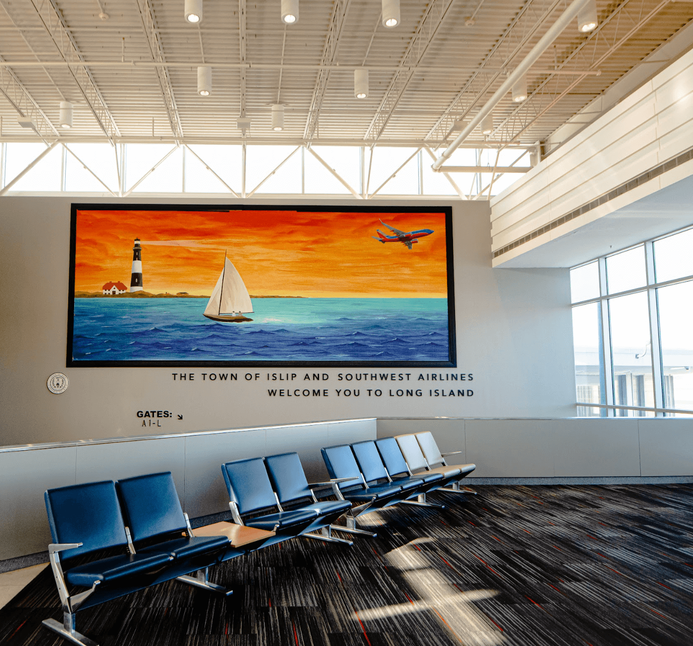 Inside MacArthur Airport waiting area 